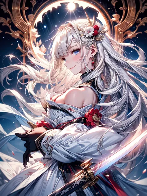 one young man,long white hair,blue eyes,Smiling softly,Gentle face,Smooth white skin,Wearing Hanfu,peony,Night atmosphere,full moon,Sharp picture,Sharp graphics,4K,flame,sword,blood,war,Long dragon horn on head