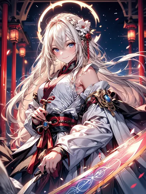 one young man,long white hair,blue eyes,Smiling softly,Gentle face,Smooth white skin,Wearing Hanfu,peony,Night atmosphere,full moon,Sharp picture,Sharp graphics,4K,flame,sword,blood,war,Long dragon horn on head