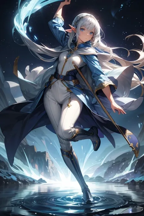 Professor Elowen Mistralight, a 25-year-old elf woman, medium height and delicate elf with silver hair, mysterious and penetrating light blue eyes, He wears a robe with patterns of wind and water, tight light blue fabric pants, long, with navy blue riding ...