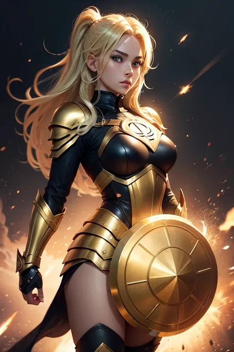 Female superhero, blonde hair, black and golden armor, wearing round shield, flying, nice face, young 