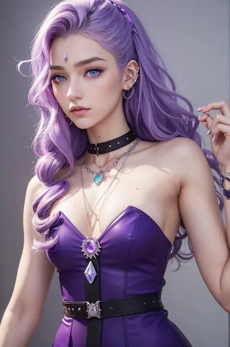 Create a 2D character,21 years old,born in Switzerland,corpo Mesomorfo,blue eyes,big wavy lilac hair,use brico,crystal necklace and bracelet,5 ear piercings and 1 nose piercing,scar on left eyebrow