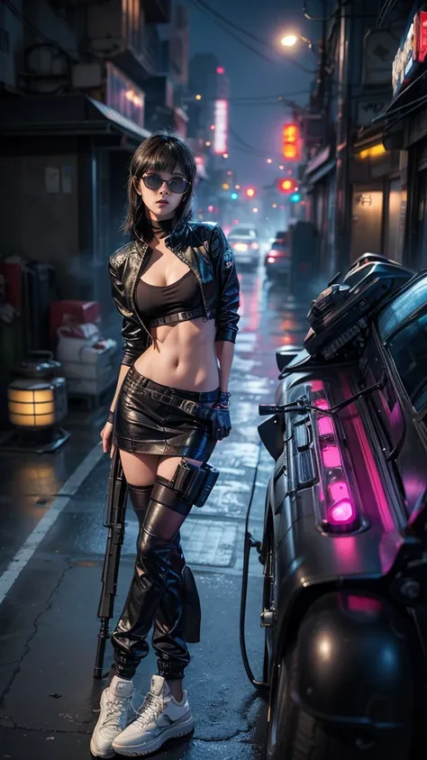 ８k, realistic skin texture, realistic photo, neo tokyo, slim japanese women, large-breast:1.3 cleavage, ａｄ2050 at night, dirty h...