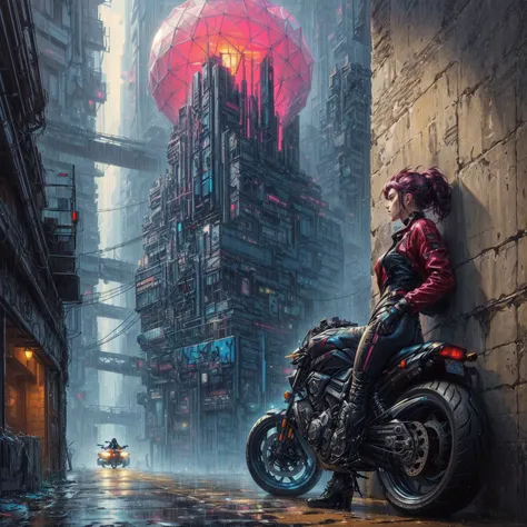 There is a woman sitting on a motorcycle in the rain, cyberpunk themed art, Cyberpunk Art style, sitting on cyberpunk motorbike, Greg Beeple, in cyberpunk city, 8 0s style tomasz alen kopera, Cyberpunk Art, Detailed cyberpunk illustration, fantasy cyberpun...