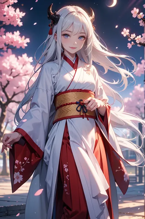 one young man,long white hair,blue eyes,Smiling softly,Gentle face,Looking at the camera,Smooth white skin,Wear a kimono,cherry blossoms,Night atmosphere,full moon,Sharp picture,Sharp graphics,4K,Half Dragon,chinese dragon,ancient era,Flames around me