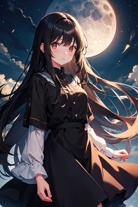 Girl long black hair brown eyes standing under a moonlit sky