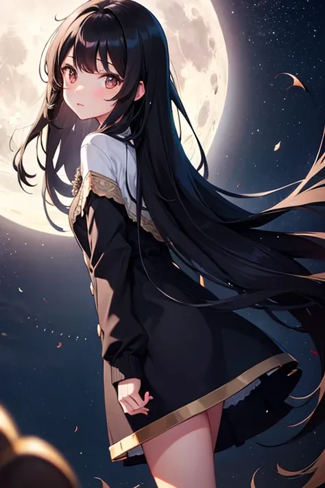 Girl long black hair brown eyes standing under a moonlit sky