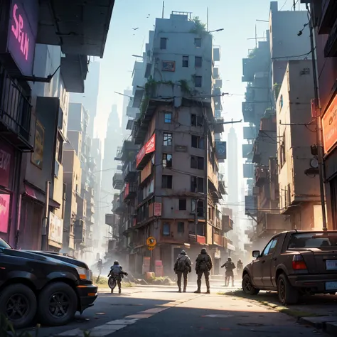 futuristic city, Poor neighborhood, battle between two sides. 