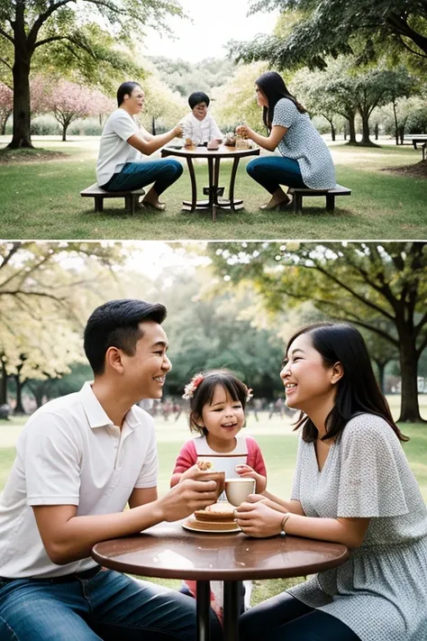 Create 3 images of the relationship of two people,  1 image having a coffee,  2 image a family photo, 3 image sharing a pleasant moment in a park 