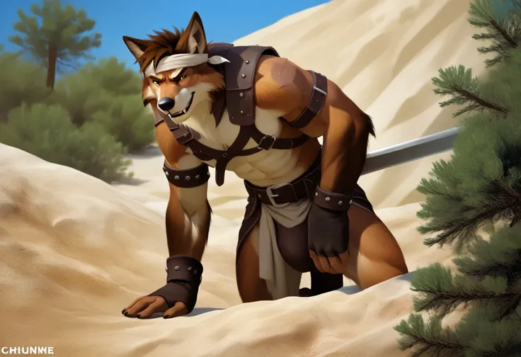 Solo Sexy anthro furry wolf male; ancient Mediterranean desert warrior; slim mesomorph handsome model apperance apperance; boys messy short hair headband; sexy toned muscules; sword scars;  worn out rusty sexy skimpy armament. He has low on hips heavy leat...