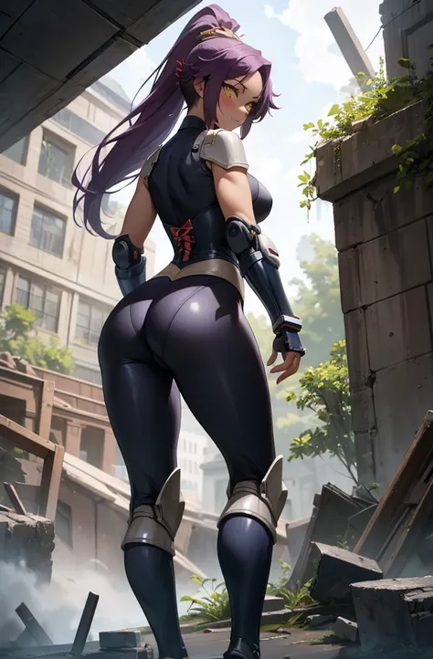 (masterpiece, best quality, detailed), 1girl, solo, yoruichi shihouin, dark skin, dark-skinned female, ponytail, purple hair, yellow eyes,
mecha musume,mechanical parts, robot joints,single mechanical arm, headgear, mecha corset, full armor, ruins, overgro...