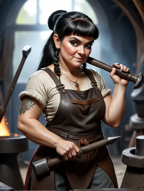 Fantasy style dwarf woman blacksmith with hammer in hand, working on a smith, black hair, dwarf blacksmith