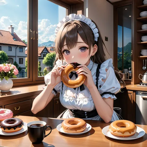 a maid bite donut,blush,perfect anatomy,donut inside mouth,table,kitchen,window,(8k,masterpiece,best quality,professional,Perfect composition,very aesthetic,Extremely detailed,Intricate details:1.3),volumetric lighting,hand