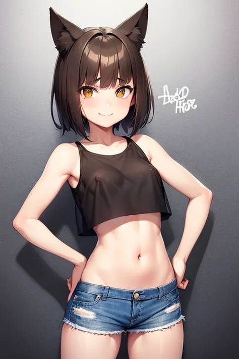 a cute young catgirl with a baby face and very slim figure, wearing a short denim skirt, micro shorts, crop top, and see-through top, showing nipples, striking a cool pose for a photo, with a shy smile, in a graffiti art background, hyperrealistic, 4k, fla...