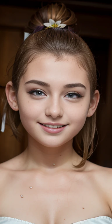 Photo of a 15 year-old American  girl, .RAW, modelo americana beautiful woman, (Light brown hair ponytail) Ponytail hairstyle, freckles on cheeks , braces on teeth , Nice smile , big smile , ((portrait)), ((detailed face:1.2)), ((detailed facial features))...