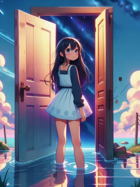 (masterpiece, best quality, detailed:1.5), 1catgirl, open door, night sky inside frame, standing in water, futurama style