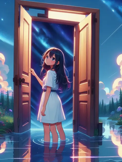 (masterpiece, best quality, detailed:1.5), 1catgirl, open door, night sky inside frame, standing in water, futurama style