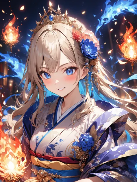 Highest quality, Highest quality, 16K, Unbelievably absurd, Very detailed, 2.5D, delicate and dynamic,Blue Flame,Flame of Demise,woman,22 years old,Elegance,Glittering kimono,Vivid decoration,Shiny Hair,Queen,smile,ridicule,Japan Fan,Reminiscent of death