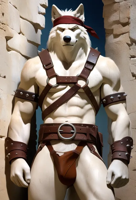 Solo Sexy anthro furry wolf male; ancient Mediterranean desert warrior; slim mesomorph handsome model apperance apperance; boys messy short hair headband; sexy toned muscules; sword scars;  worn out rusty sexy skimpy armament. He has low on hips heavy leat...