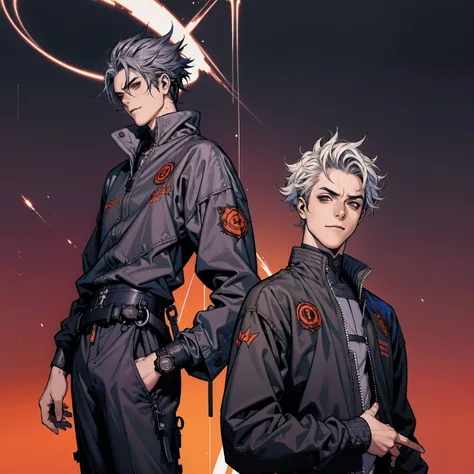 (((best qualityer))), (((manga strokes))), A young boy in cyberpunk style with a futuristic urban outfit, devilish smile, pose de atitude, vampire-like nocturnal creature, manga style spiky hair