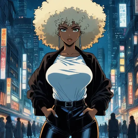 a mixed race woman with blond afro with black jacket and white teeshirt, a white guy with turban on his head, by night in an old...