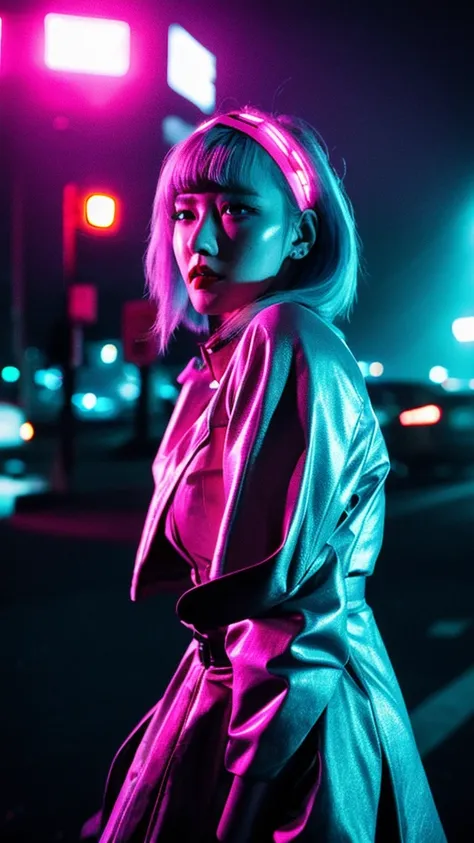 Lucy (cyber punk), 1 girl,  hair band, Ji Qi, Silver Hair, Color Tips, full moon, Grey Eyes, Jacket, Long sleeve, Looking at the audience, Medium Long Hair, Colorful Hair, Parted bangs, Open your lips, Pink Hair, Portraiture, Red eyeliner, Red lips, alone,...