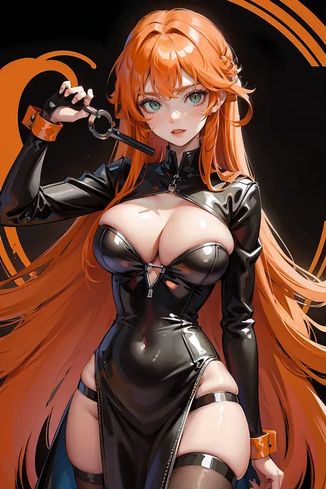 long orange hair, green eyes, large cleavage, holding keys, dominatrix