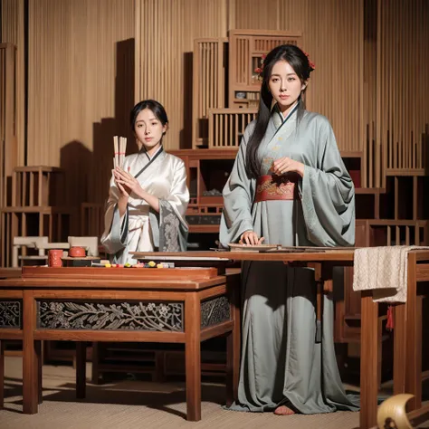 Gray and black Chinese style study room as background，A girl in Hanfu sitting in front of a guzheng，Light an incense stick on the table next to you，Incense sticks are clearly visible，Leisure，Relax