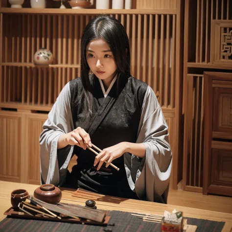 Gray and black Chinese style study room as background，A girl wearing Hanfu sitting at the desk，Light an incense stick on the table，Incense sticks are clearly visible，Leisure，Relax