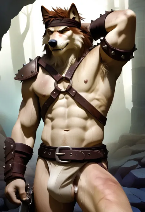 Solo Sexy anthro furry wolf male; ancient Mediterranean desert warrior; slim mesomorph handsome model apperance apperance; boys messy short hair headband; sexy toned muscules; sword scars;  worn out rusty sexy skimpy armament. He has low on hips heavy leat...