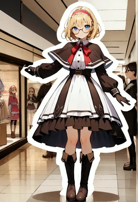 One girl、solo、cardboard cutout、White outline、Are standing人、photograph、photographの背景、Alice Margatroid、Glassesをかけた、belt、Black footwear、Blonde、青いdress、blue eyes、Book、boots、ribbon、chest、Brown footwear、Capelet、Mouth closed、Cross-laced footwear、dress、Frills、whol...