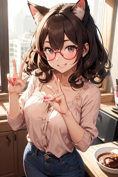 young woman, アニメ, very curly hair, curls, curls, dark brown hair, long hair, hair flying, Caucasian skin, brown dark eyes, Cats ears, cat syrup, round golden glasses, little pink blouse, jeans, cheerful grin, pinky skin, blush cheeks, making sexy heart sig...