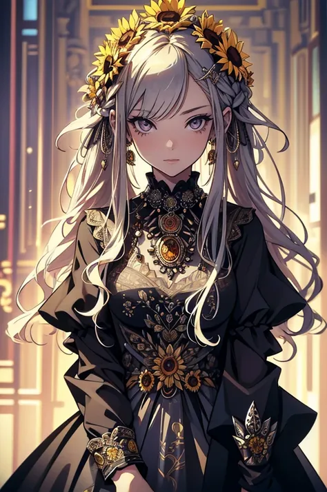 (  Absurdly , high quality , Super detailed ) ,( Handcrafted details ) , One girl, alone, mature, Very long hair, Sunflower Hair , Beautiful crystal eyes ( Eye details ) Baroque, necklace, Long dress, Long sleeve, elegant, colorful, Most detailed, Upper Bo...