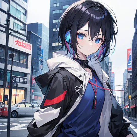 Let it be an anime girl, that he has short hair and that his hair is black with a little blue streak on the side that his eyes are blue and that he appears with a jacket in a city with many buildings and with black headphones on his neck.