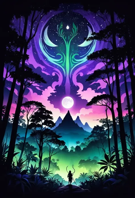 make a tribal print for a shirt on the back using purple colors, White green , Theme is the forest at night in the Amazon