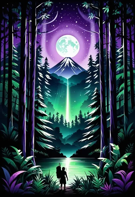 make a tribal print for a shirt on the back using purple colors, White green , Theme is the forest at night in the Amazon