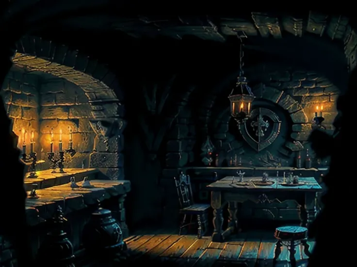 dungeon, small dark underground room, stone walls, monsters lair, old small table with a candle, torches on the walls, Wooden door, broken stools, swords, axes, Shields, helmets