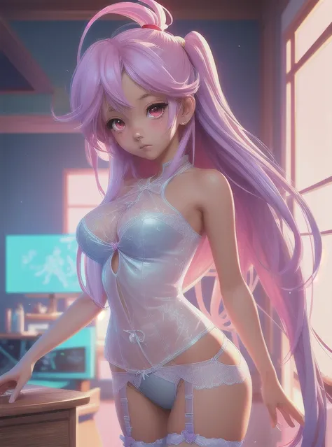 Not more than one person, a beautiful anime girl In see-through Undergarments, Colorful hair, Rossdraws pastel vibrant, Rossdraws cartoon vivid, anime style 4K, beautiful anime portrait, art garm colorful! ,! Dream art garm, anime style digital art, anime ...