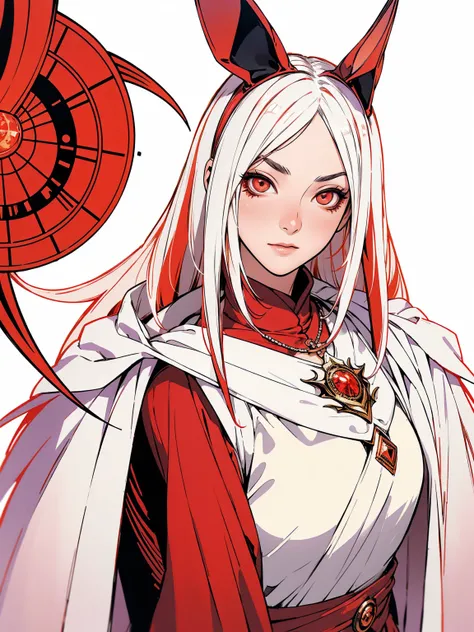 (best qualityer))), (((manga strokes))), (((white hair with red highlights))), Bunny ears and Googles on the forehead, (((Sauron&#39;s eye between his ears))), (((baggy pants with bone print))), uma Kizi jovem muito bem vestida com roupas modernas de inver...