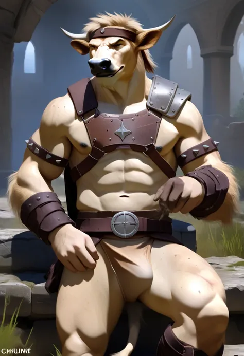 Solo Sexy anthro furry bovine male; ancient Mediterranean desert warrior; slim mesomorph handsome model apperance apperance; boys messy short hair headband; sexy toned muscules; sword scars;  worn out rusty sexy skimpy armament. He has low on hips heavy le...