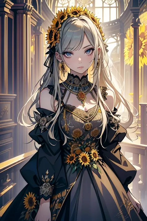 (  Absurdly , high quality , Super detailed ) ,( Handcrafted details ) , One girl, alone, mature, Very long hair, Sunflower Hair , Beautiful crystal eyes ( Eye details ) Baroque, necklace, Long dress, Long sleeve, elegant, colorful, Most detailed, Upper Bo...