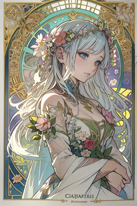 Depicts a beautiful woman with flowers in her hair、Highly detailed watercolor painting, The style of Alfons Maria Mucha and Gustav Kirmut, Art Nouveau accents, Fairy Princess, Anthropomorphic woman, Female figure, Detailed cover artwork, As the Flower Godd...