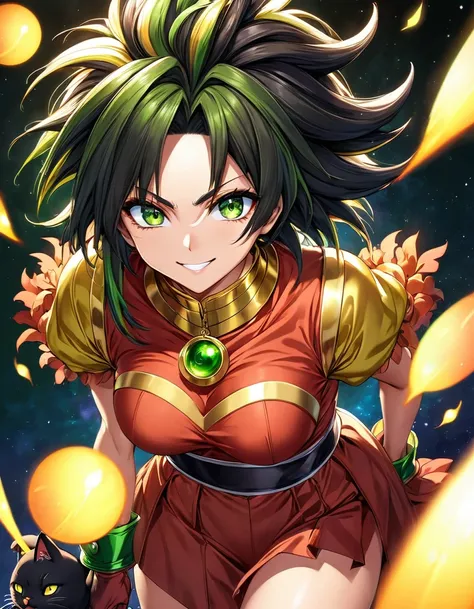 atmosfera sombria sangrenta e uma lua grande e vermelha ao fundo, girl sensual sexy delicada lendario broly dbz, Short, black shine gold hair, green eyes, smiling Cat-like power fênix negra woman, Mysterious in anime death note