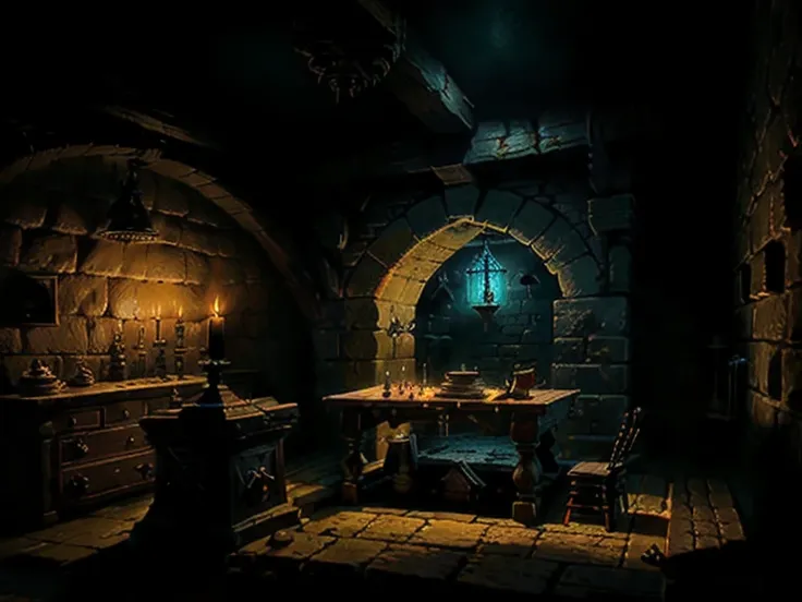 dungeon, small dark underground room, stone walls with torches, monsters lair, old small table with a candle, Wooden door, broken stools, sword, shield, hull, wooden chest, treasure.