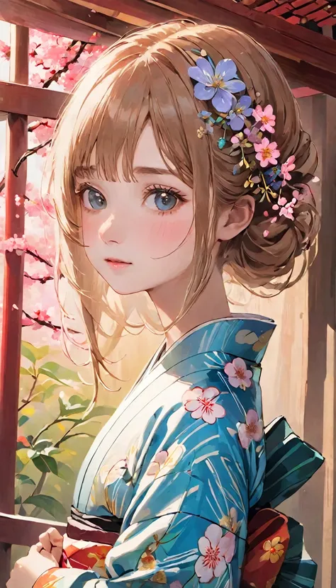 RAW Photos、Realistic、Highest quality、masterpiece、Girl In kimono costume with flowers in her hair, Cute waifu in a nice dress, 美しいPortrait of a Girl, Young girl, In kimono, In kimono, pretty girl, Beautiful girls, pretty girl portraits, palace ，Girl In kimo...