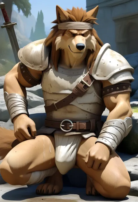 Solo Sexy anthro furry wolf male; ancient Mediterranean desert warrior; slim mesomorph handsome model apperance apperance; boys messy short hair headband; sexy toned muscules; sword scars;  worn out rusty sexy skimpy armament. He has low on hips heavy leat...