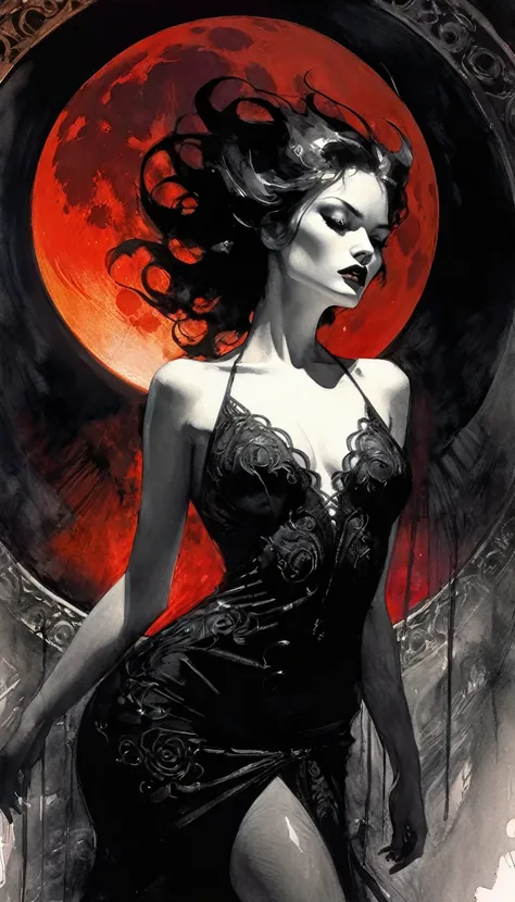 the sexy goddess of hell, very sexy embroidered dress, red moon, magic, sex sex sex, ,eroticism, sexy, black and white image, between shadows, oil painting, chiaroscuro, sensual, dramatic lighting, moody atmosphere, photorealistic, intricate details, maste...