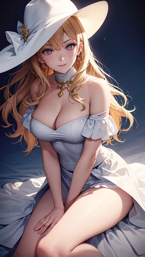 (best quality:1.5, highres, UHD, 4K, detailed lighting, shaders), gold wavy hair, gradient hair, large breasts, white shirt, white skirt jeans, mature woman , white Witcher hat, (pov), white background, colorful red eyeshadow, dramatic lighting, smile eyep...