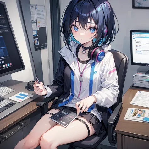 Let it be an anime girl, that she has short hair and that her hair is black with a little blue streak on the side that her eyes are blue and that she appears with a jacket and with black headphones around her neck that she is in her room sitting in a chair...