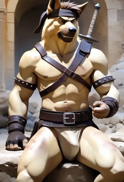 Solo Sexy anthro furry german shepherd male; ancient Mediterranean desert warrior; slim mesomorph handsome model apperance apperance; boys messy short hair headband; sexy toned muscules; sword scars;  worn out rusty sexy skimpy armament. He has low on hips...