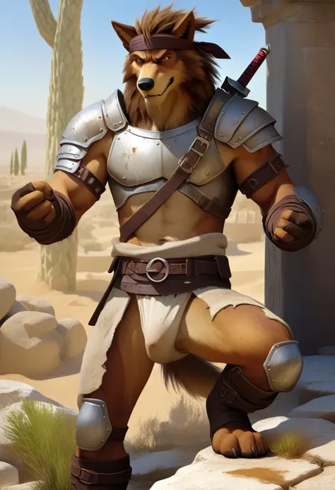 Solo Sexy anthro furry wolf male; ancient Mediterranean desert warrior; slim mesomorph handsome model apperance apperance; boys messy short hair headband; sexy toned muscules; sword scars;  worn out rusty sexy skimpy armament. He has low on hips heavy leat...